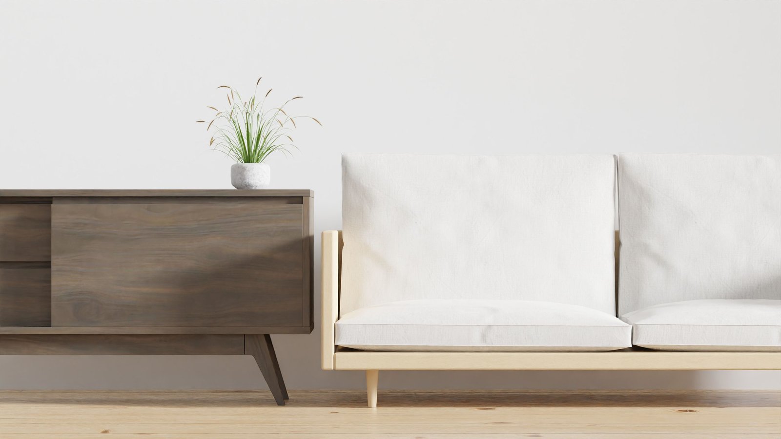 Salon minimaliste avec console en bois et canapé beige